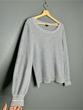 Talbots White and Gray Striped Crewneck Sweater